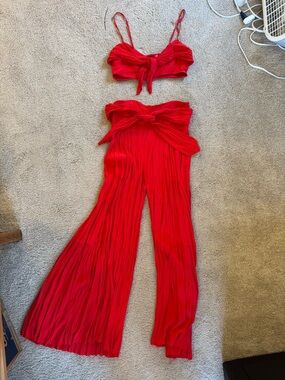 Free People Red Two-Piece Tie Front Crop Top & Wide Leg Pants Set
